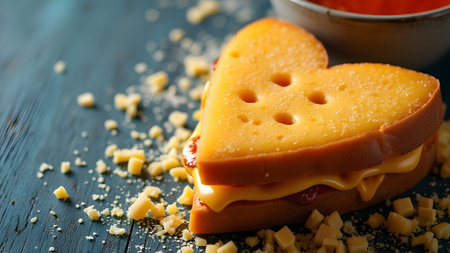 Heart-shaped sandwich with cheese and tomato sauce on wooden table, closeupの素材
