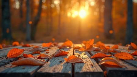 Autumn leaves on a wooden table in the park at sunset.の素材