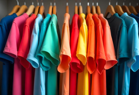 Colorful shirts on hangers in shop, closeup. Fashionable clothesの素材