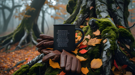 Cup of coffee and autumn leaves on a tree in the forestの素材