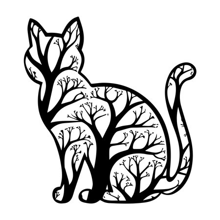Black and white vector illustration of a cat sitting in a tree.のイラスト素材