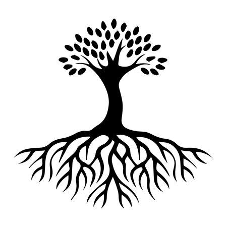 Black Tree with Roots Isolated on White Background. Vector Illustration.のイラスト素材
