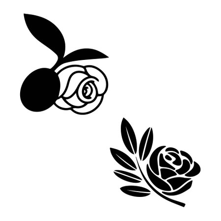 Black and white vector illustration of a rose and olive branch with leaves.のイラスト素材