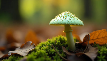 Amanita muscaria mushroom growing on moss in the forestの素材