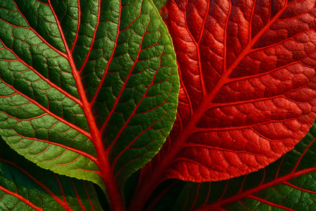 A striking close-up of leaves with vibrant green and red veins, showcasing intricate botanical patterns. Natural textures and colors.の素材