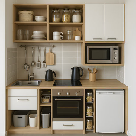 A modern small kitchen featuring integrated appliances, smart storage solutions, and a clean design for efficient cooking and organization.の素材