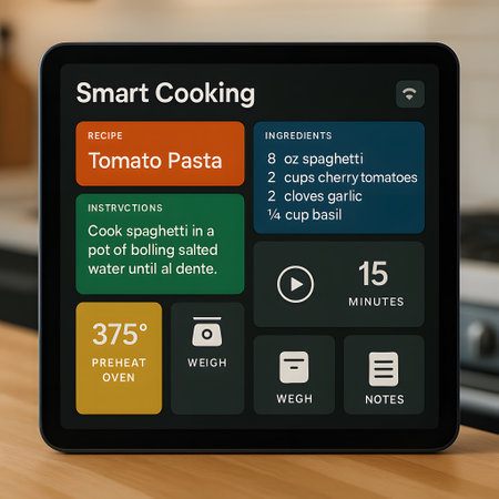 A smart cooking app interface displays a tomato pasta recipe with ingredients, instructions, and a cooking timer for easy meal preparation.の素材