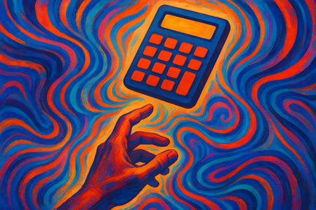 A surreal artwork featuring a hand reaching for a calculator, set against a vibrant and abstract swirling background of colors.の素材
