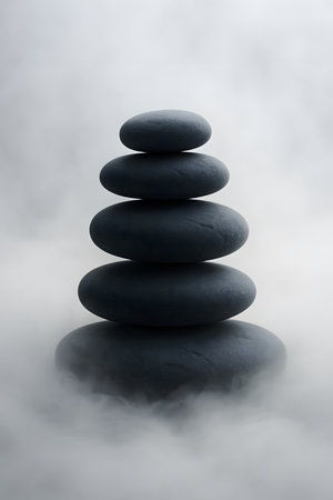 A stack of five smooth, dark stones balanced on top of each other, surrounded by a soft, ethereal fog.の素材