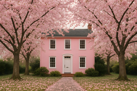 A quaint pink house surrounded by blooming cherry trees, creating a serene and picturesque landscape in a peaceful setting.の素材