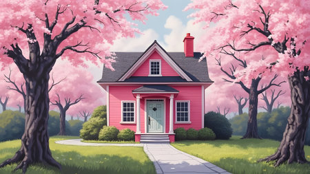 A quaint pink house nestled among blooming cherry trees, creating a picturesque spring scene with a serene atmosphere.の素材