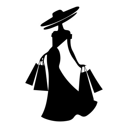 Silhouette of a woman with shopping bags. Vector illustration.のイラスト素材