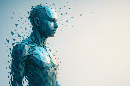 A geometric humanoid figure stands against a soft gradient. Conceptual art, digital rendering, and futuristic design are showcased.の素材