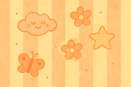 Cute orange kids room wallpaper with cloud butterfly flowers and star pattern design. Ideal for children's room decor and playful backgrounds.の素材