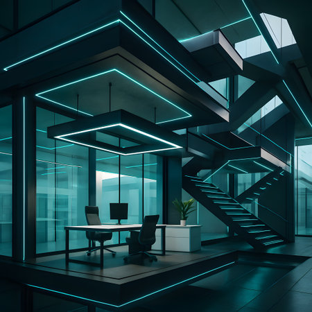 Interior of modern office with glass walls, tiled floor, rows of computer tables and glass doors. 3d renderingの素材