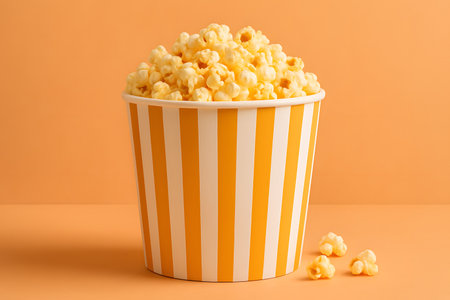 A bucket of popcorn on an orange background. It is a studio shot of a snack, food, and treat. Perfect for a quick bite.の素材