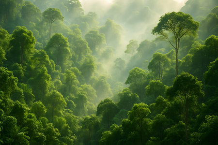 A lush rainforest canopy with mist and sunlight. Green trees scenery. Dense foliage and natural light create a serene atmosphere.の素材