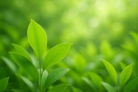 Sunlit green leaves on a branch. Showcasing the beauty of nature and the vitality of plant life in a serene outdoor setting.の素材