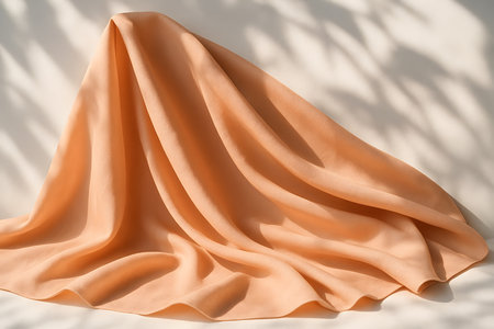 Peach fabric drape with soft shadows creates a serene still life. The scene is luxurious, elegant, and calming with a minimalist aesthetic.の素材
