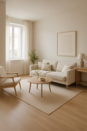 Living room interior featuring a neutral tones sofa, wooden furniture, and a light rug. Comfortable design with natural light and minimalist decor.の素材