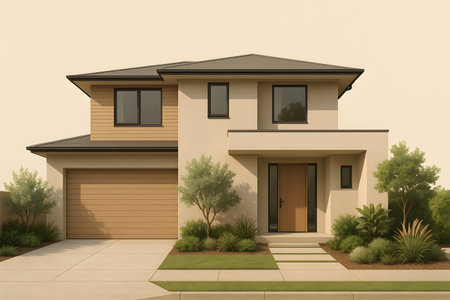Exterior of a modern two story home with a landscaped yard. Neutral color palette architecture and design. Contemporary home with clean lines.の素材