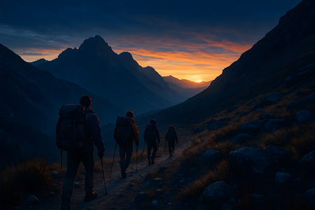 Hikers adventure toward sunset. Walking mountain range landscape scenery. Trekking outdoor pursuits. Nature beauty hiking exploration journey.の素材
