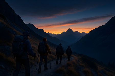 Group hikers dawn trekking through mountain valley. Stunning outdoor adventure scenic landscape. Nature trail walk expedition in dusk.の素材