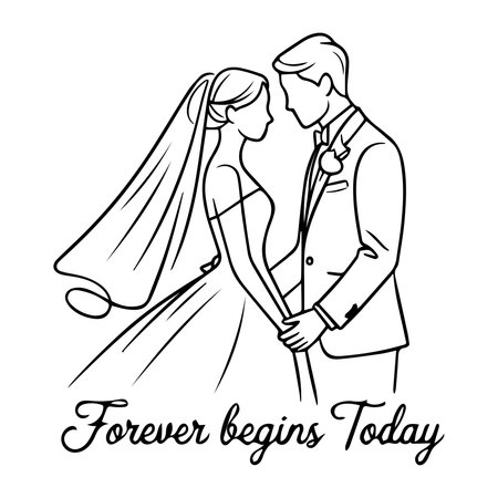 Wedding day. Bride and groom in wedding dress. Wedding couple. Vector illustrationのイラスト素材