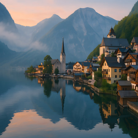 Picturesque Hallstatt village on lakeside at dawn. Mountains create backdrop for scenic view. Peaceful atmosphere and architectural beauty.の素材