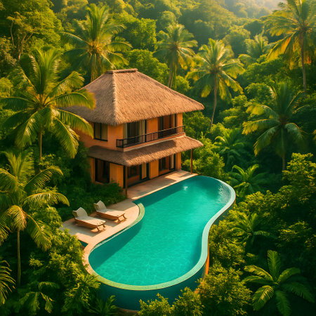 Tropical villa retreat nestled among palms. Serene pool and lush greenery create relaxing hideaway. Ideal vacation destination for luxury seekers.の素材