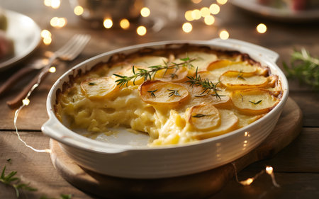 Potato gratin baked dish with cheese, herb garnish in dish. A plated food dish with cuisine baked meal food with warm backdrop.の素材