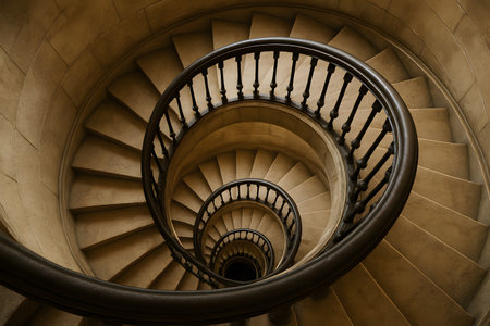 Looking downward spiral staircase made of stone. Railing is black. Architecture, construction, design, descent, pattern, abstract.の素材