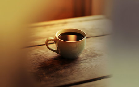 Cup of coffee on wooden table background. Hot cup of fresh coffee drink on a wood surface for warm beverage background.の素材
