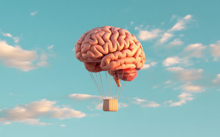 Brain as hot air balloon. Represents flying, success, thinking, imagination, smart idea, creativity, and intelligence. Conceptual.の素材