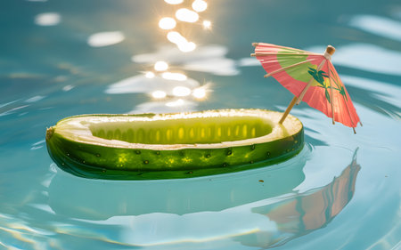 Cucumber boat floating in pool. Represents summer, relaxation, vacation, travel, holiday, and fun. Drink umbrella.の素材