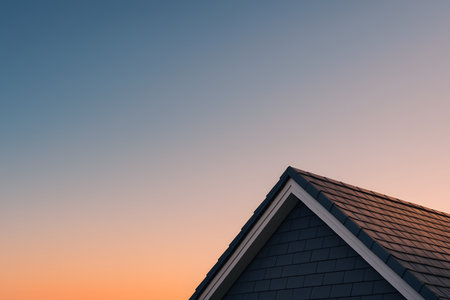 Roof corner tile architecture with gradient sunrise sky minimal simple. Exterior view and property detail during day.の素材