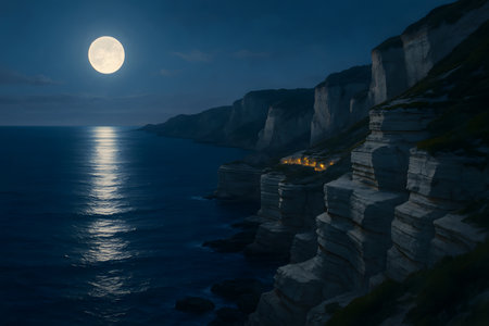 Picturesque night coastline view featuring cliffside scenery and tranquil seascape under moonlight for relaxing vacation travel adventure.の素材