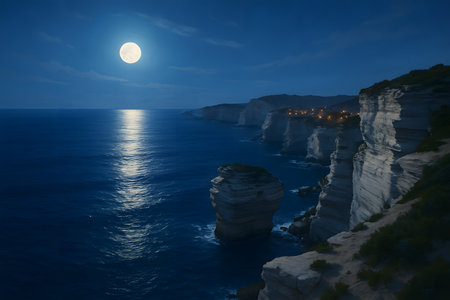 Full moon shines over ocean cliffs at night. Scenic moonlight illuminates dramatic coastal landscape and horizonの素材