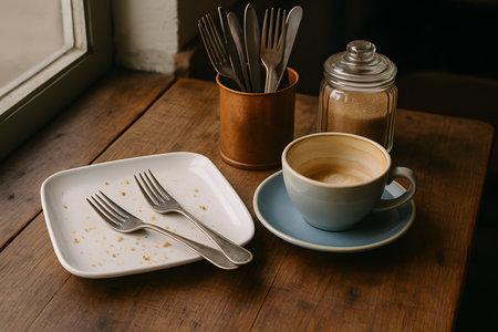 Empty coffee cup and dirty plate on wooden table. Cafeteria restaurant cafe lunch table setting.の素材