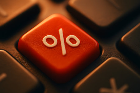 Key on calculator with percentage sign. Symbol for business and finance. Red color button on office equipment.の素材