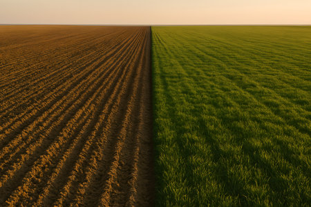 Cultivated land with strong contrast showing agriculture and farming with distinct fields. Showcase soil cultivation and fertile growth.の素材