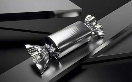 Metallic candy wrapper on display with glossy wrapper. Dessert treat and sweet snack with nice presentation for treat.の素材