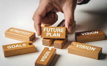 Strategic planning shown. Hand setting future plan block. Composed with vision, strategy, and goals for comprehensive strategy concept.の素材