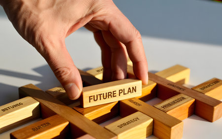 Balancing future: Hand placing wooden blocks with words future plan. Strategic wooden sticks balance, business planning concepts.の素材