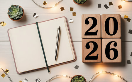 Top view of wooden blocks with 2026 year. Open notebook, succulent plants and string lights on white wood table.の素材