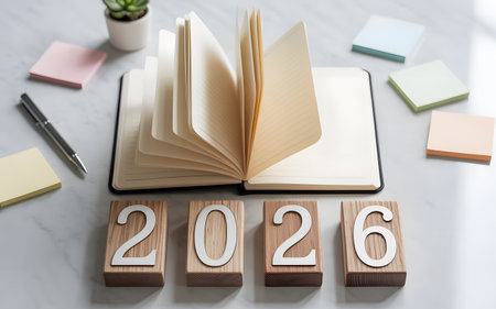 Wooden blocks with 2026 year, open notebook, pen and succulents. Time to set goals for future on marble table.の素材