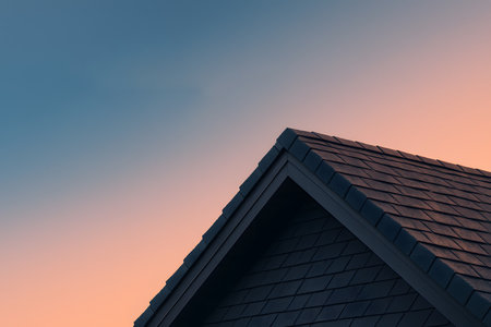 Detailed view of house roof shot during sunset with bright blue and orange sky in background close up angle view natureの素材