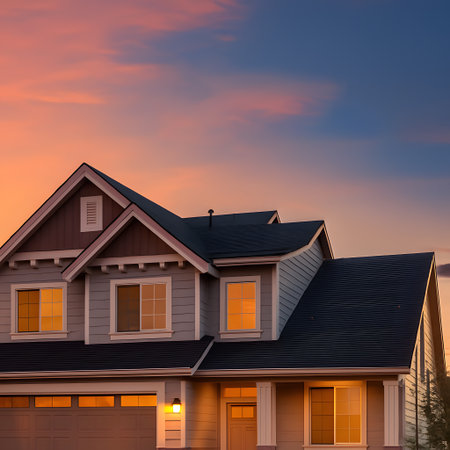 Outside view of house during golden hour sunset time with orange and blue sky with clouds home windows exteriorの素材