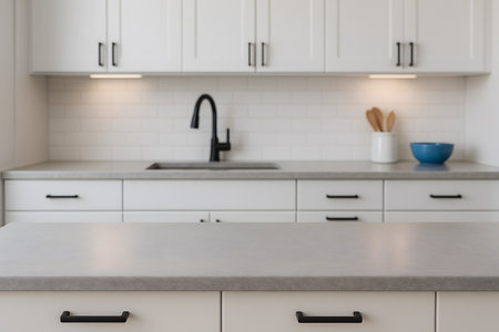 Modern kitchen featuring counter top black faucet and minimalist cabinet design. Kitchen sink utensils and cooking space are visible.の素材