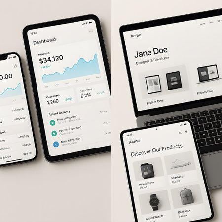 3D rendering of a laptop, smartphone and tablet PC with smart watch app on the screenの素材